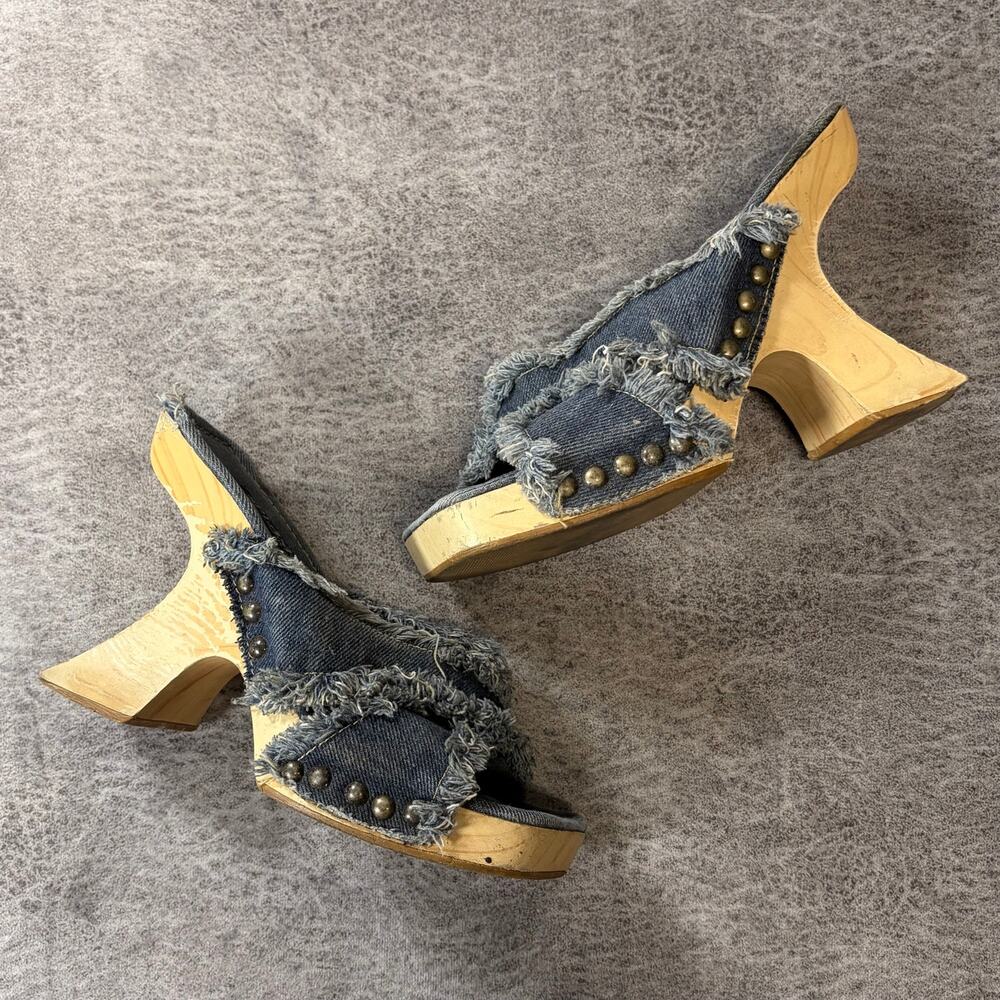 Vintage Denim Frayed Wooden Clogs